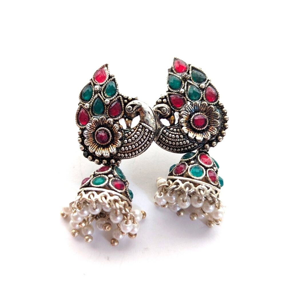 Stunning Silver Tone Indian Jeweled Jhumka Ornate Peacock Dangle Post Earrings